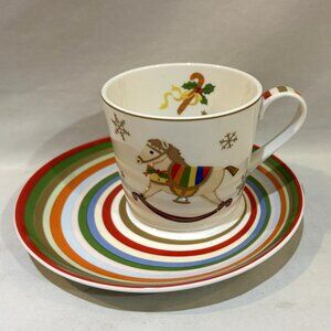 Hankook Fine China Cup & Saucer Set Made in Korea X-mas Rocking Horse Candy Cane